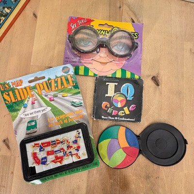 Lot 3 Vtg NOS Kid's Games: IQ Circle, Granny Funny Glasses, US Map Slide Puzzle