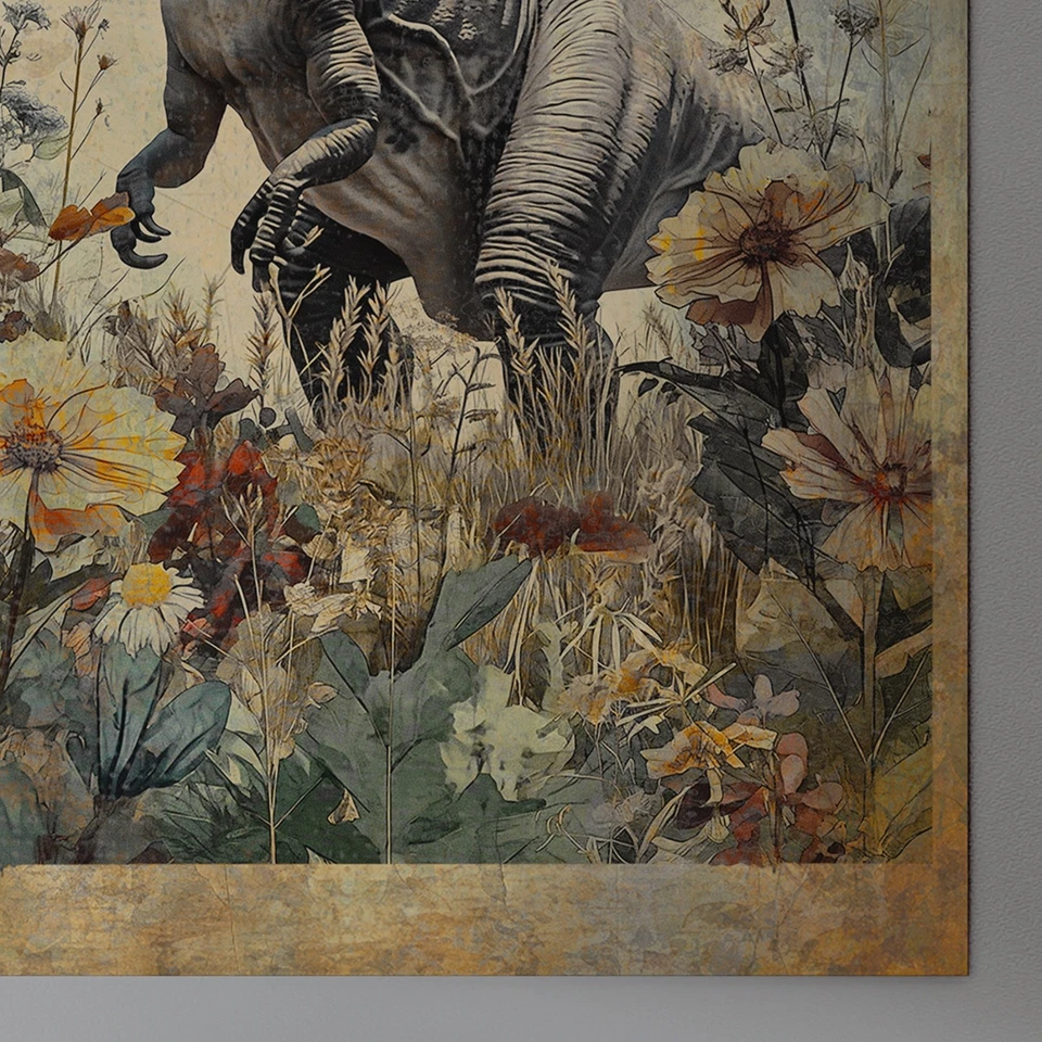 Arte de pared botánico dinosaurio vintage, decoración de flores jurásicas, impresión floral T-Rex Foto 3 de 4