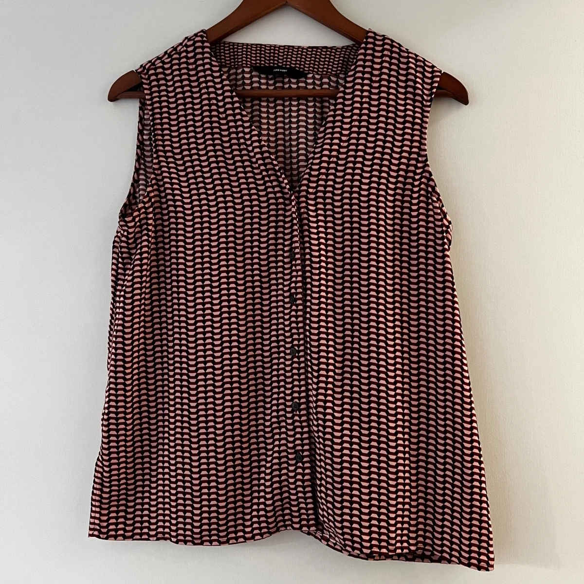 Vero Moda Womens M Mariel Sleeveless Shirt Pink Brown Black Geometric Button Up