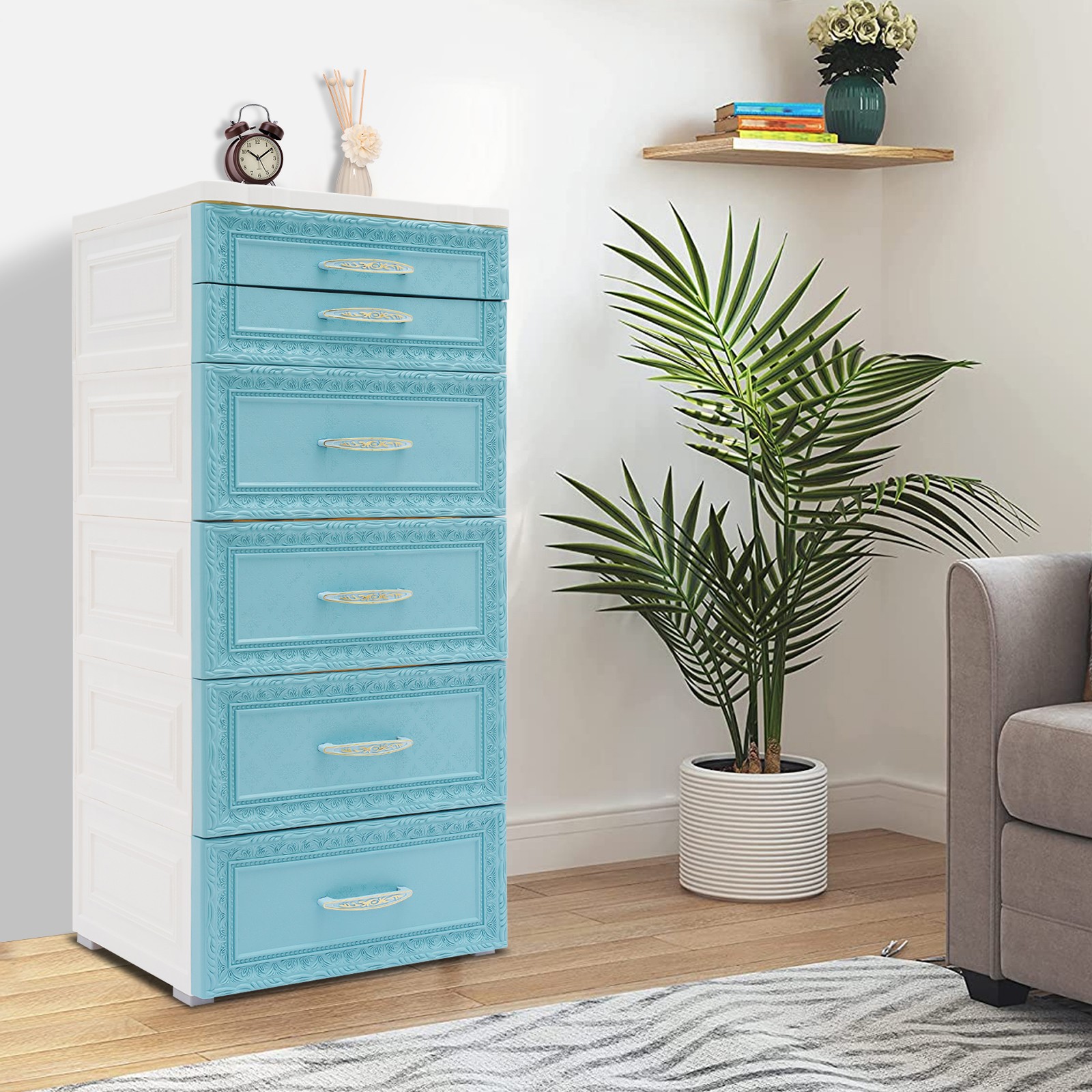5-Tier Blue Bathroom Storage Cabinet with 6 Drawers - Space Saving Organizer