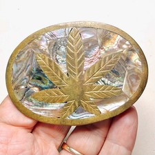 LUX Vintage 1960s 70s Brass Abalone Pot Leaf, Belt Buckle, Mexico, 3 1/2