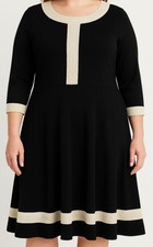 Talbots Woman 1X Black Dress Cream Trim Fit Flare Knit Midi 3/4 Sleeve