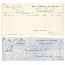 THE SCOTSMAN Newspaper 2 x Advertising Receipts 1869 & 1873