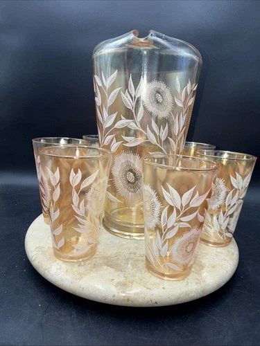 Vintage Jeanette Marigold Cosmos Pitcher & 6 Glasses - MINT