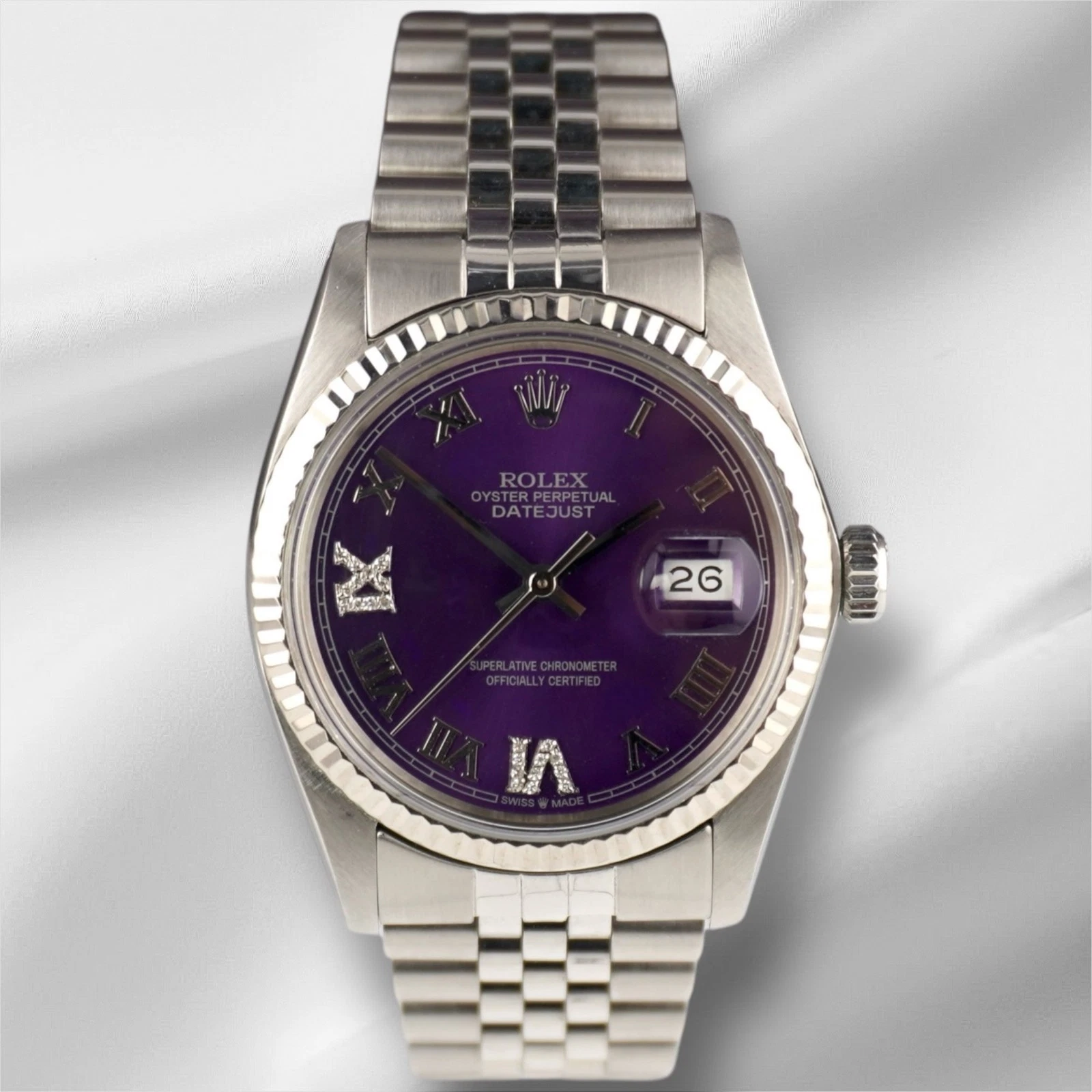 Rolex — Rolex 36mm Datejust Steel Fluted Jubilee Purple Roman Dial Watch 16014