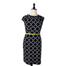 Charter Club Sheath Dress Round Pleat Neck Cap Sleeves Black White Women’s 14