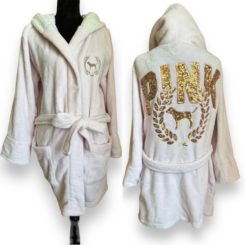 PINK | Sherpa Lined Gold Sequin Hooded Robe - Picture 2 of 7