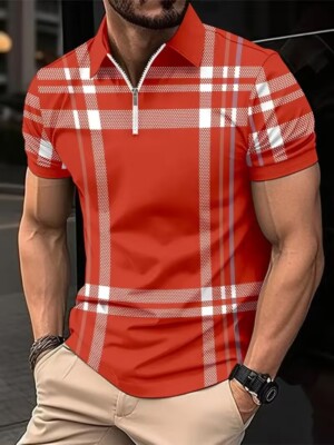 Camisa golf cuadros hombre moda corte regular cremallera cuello manga corta rojo