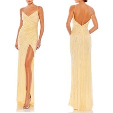 Mac Duggal Butter Yellow Gown Size 14 Beaded Faux Wrap Pastel Wedding Prom Gala