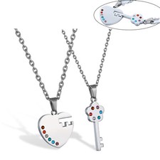 2pcs Couple Heart Lock Key Necklace Stainless Steel Pendant His Hers Love Set