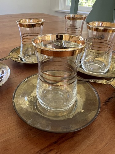 Turkish Tea Coffee Set Clear Glass with Gold Trim w/brass saucer & spoons - Picture 4 of 7