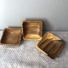 Lot of 3 Hand-Carved Wooden Square Salad Bowls 6 x6 Serveware Set