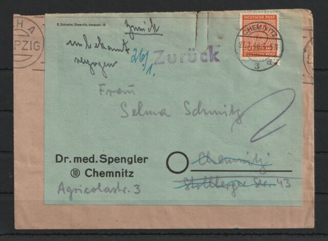 SBZ Sowjetische Zone Brief Chemnitz 1946 Zurück-Vermerk Doppelverwendung