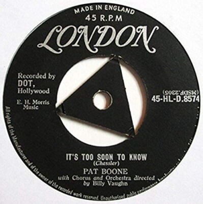Pat Boone - 7'' UK 45 - It's Too Soon To Know - 1958 - London - 45-HLD 8574 - GD