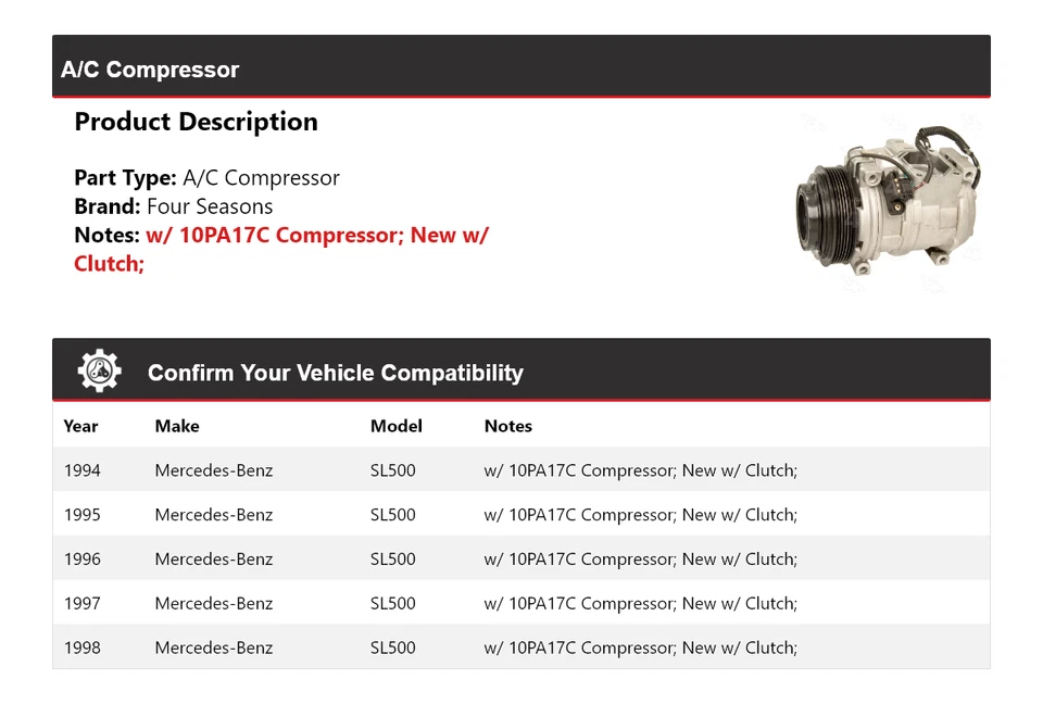 Компрессор кондиционера для Mercedes-Benz SL500 1994-1998 4 сезона 1995 1996 1997 - Изображение 2 из 4