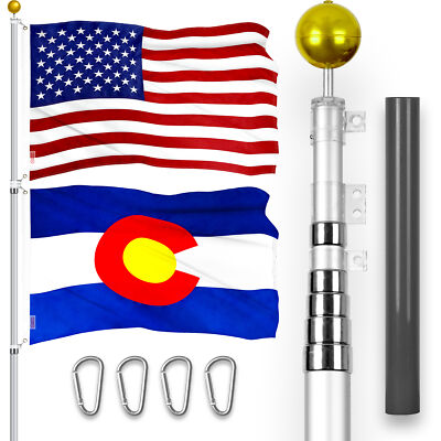 20 Ft Telescoping Flagpole Silver & American and Colorado Flags Emb 300D 3x5Ft