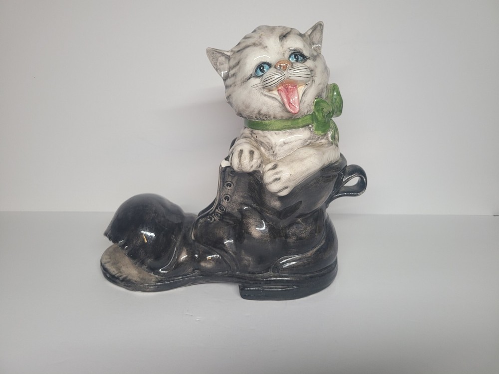 Vintage Norleans American Bisque Large Ceramic Grey Cat In Boot, Made In Italy