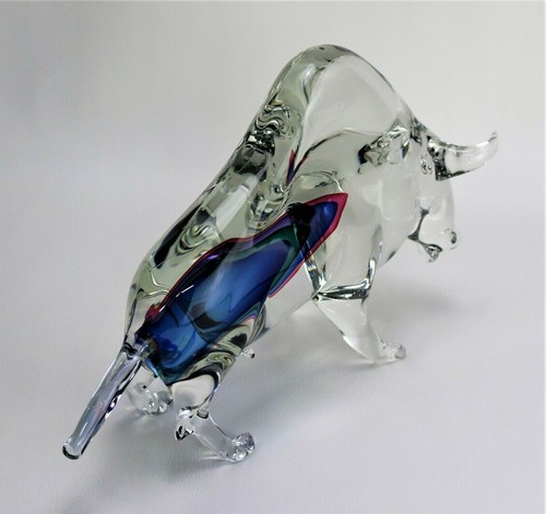 Sommerso Bull Sculpture Vintage Murano Art Glass Signed - Picture 4 of 9