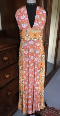 Warehouse orange maxi floral 70s style halter neck Summer dress 10 new Tags