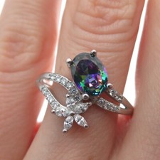 925 Sterling Silver Real Mystic Topaz C Z Flower Bypass Ring Size 8.25