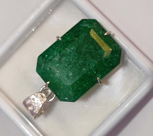 74.65 Ct Natural Certified Green Emerald Loose Gemstone 925 Solid Silver Pendant - Picture 10 of 14