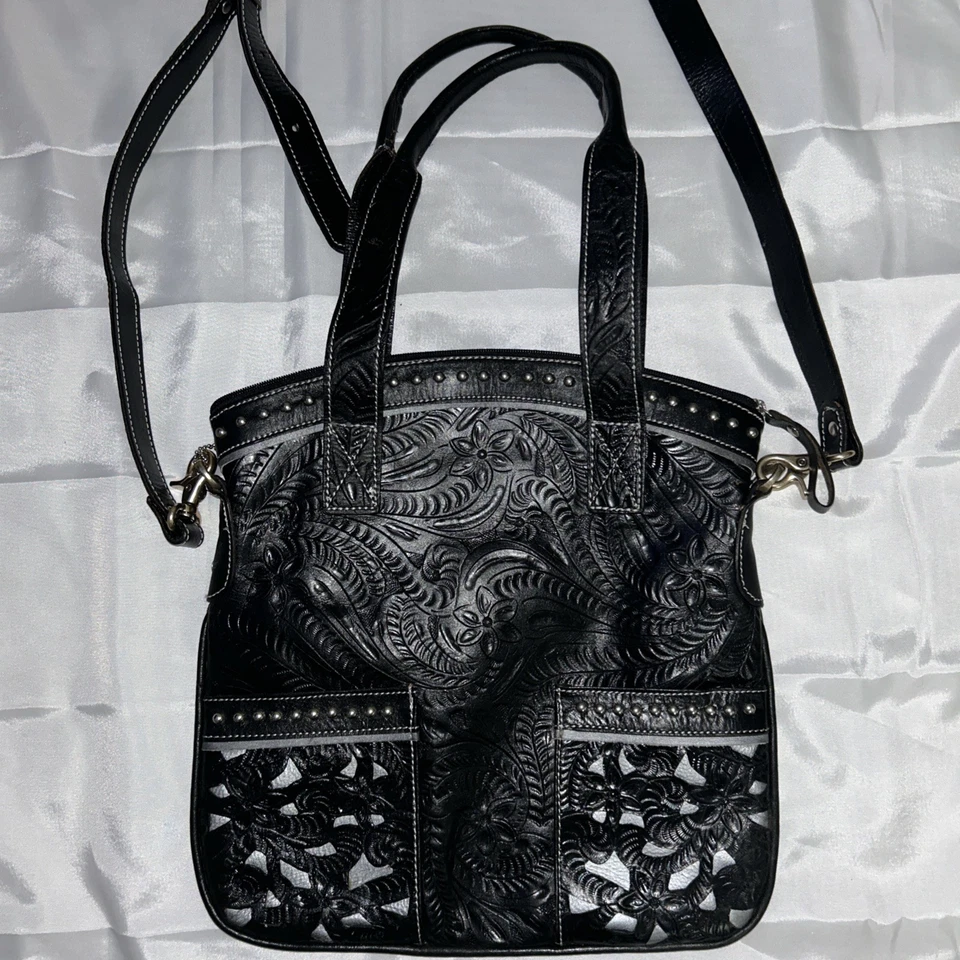 American West 真皮斜挎包可转换手提包;工具皮革和耳钉 — 第 2/4 张图片