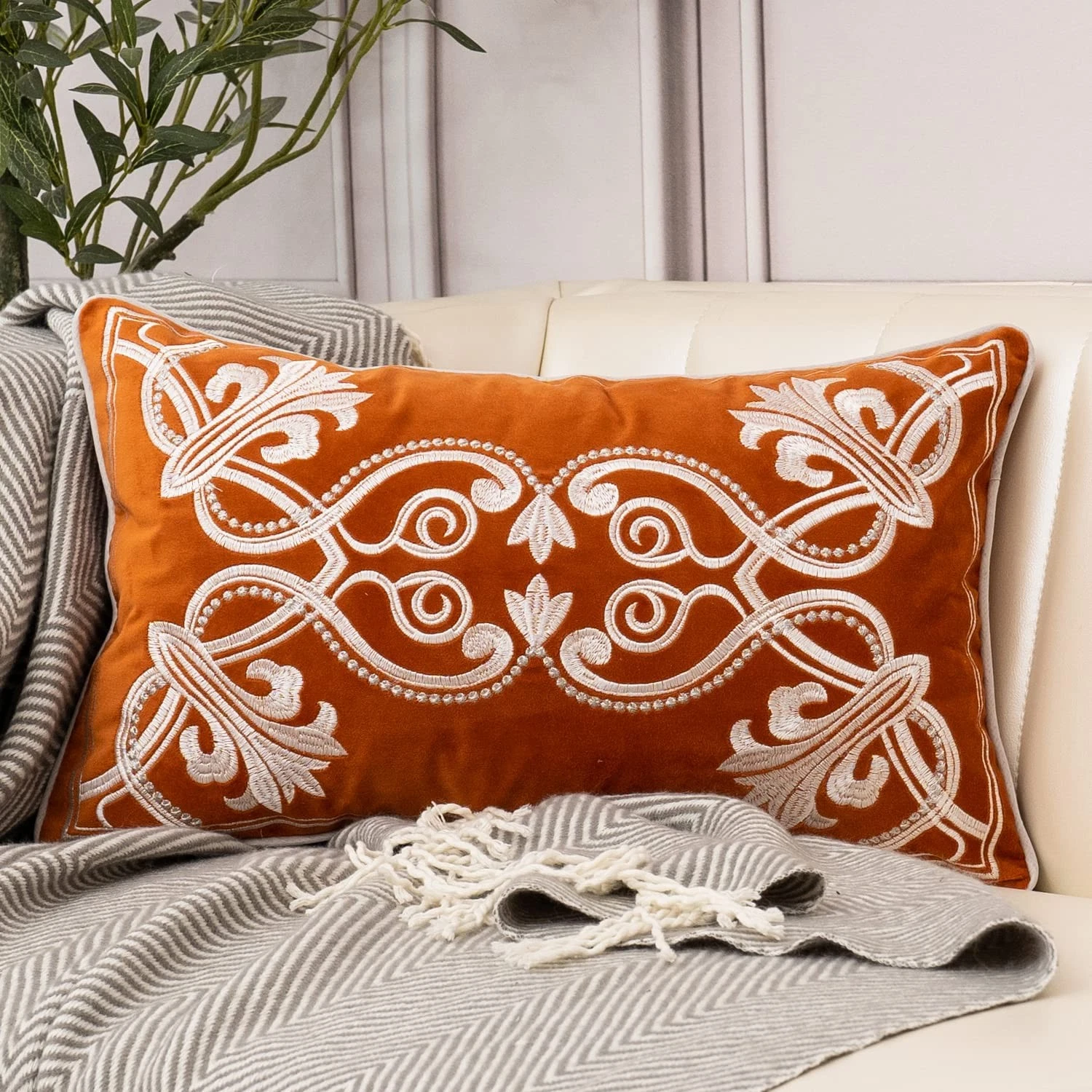 Aeckself European Luxury Velvet Lumbar Throw 20" x 12" (Pack of 1), Orange