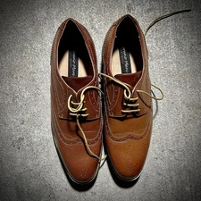Bruno Marc Faux‑Leather Wingtip Oxfords. Brown dress shoes with brogued wingtip.