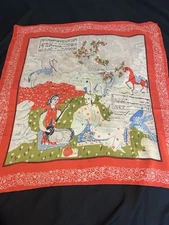Vintage Mid Century Silk Like Asian Border Print Scarf-Oversized 32"x34" AS IS