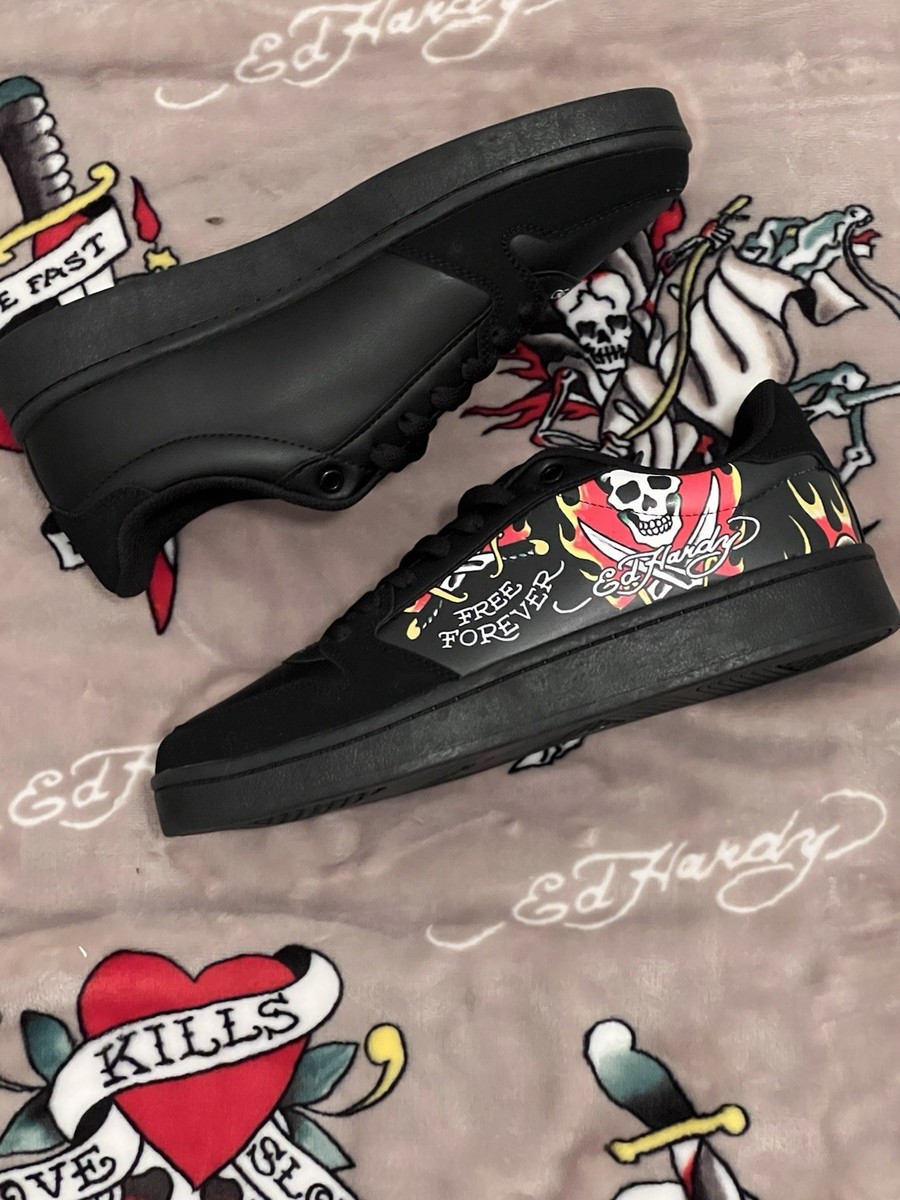 Ed Hardy Skull Flame Sneakers Men Sz 7.5 Black Tattoo Graphic Faux