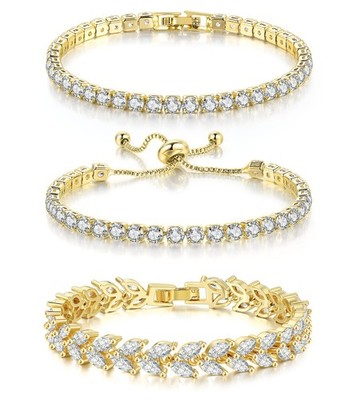 GEMOSA 3 Pcs Tennis Bracelet Set 14K Gold Plated 6.7 Inch, Gold-White CZ