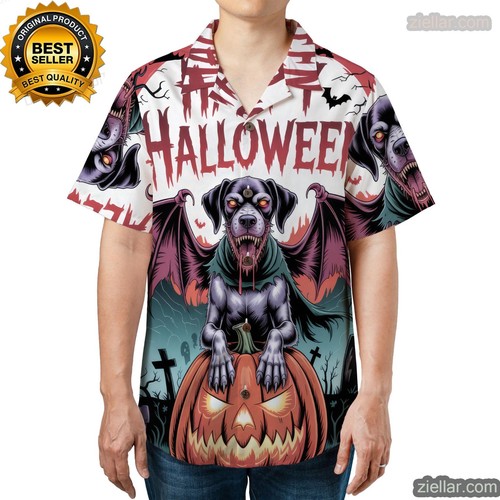 Gruseliger Zeiger Hund Halloween Hawaiihemd mit Kürbis Print und Fledermaus Flügeln - Bild 2 von 6