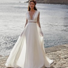 Bohemian Wedding Dress Long Sleeve V-Neck Chiffon A-Line Lace Back Bridal Gowns