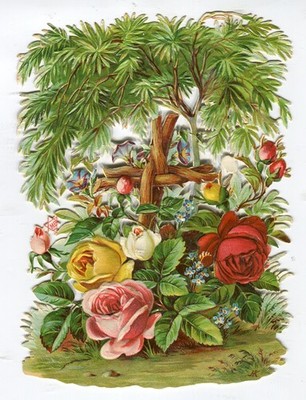 Oblaten  scrap die cut chromo   Blumenkreuz M.P.  15,3 cm