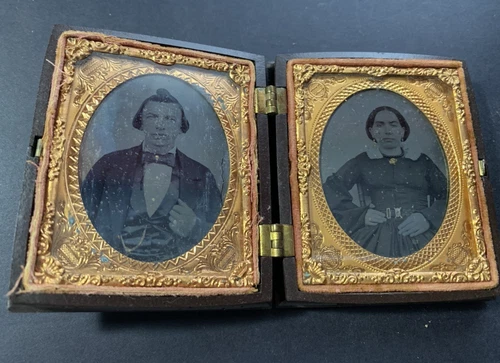 ~Antique Photo Ambrotype HUSBAND & WIFE TINTED * Daguerreotype * UNION CASE ~