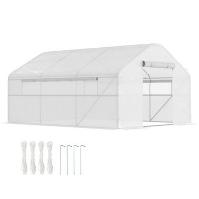 Outsunny 13' x 10' Hoop House with Large Windows Tunnel Greenhouse, White