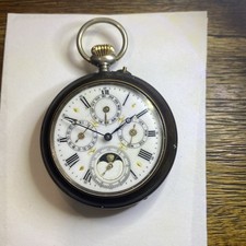 Antico orologio da tasca svizzero Gunmetal tripla data fasi lunari funzionante 53mm bello