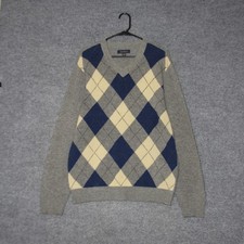 Club Room Sweater Mens M Gray Argyle V-Neck 100 Lambswool Pullover Long Sleeve