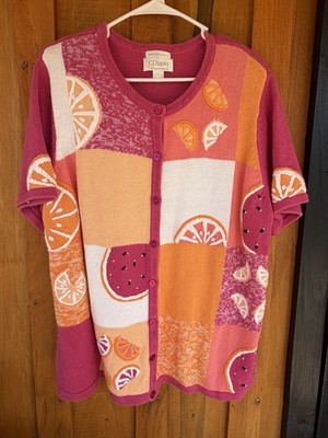CJ Banks SS Button Front Cardigan Pink/Orange Size 3X Colorblock, Fruit Slices