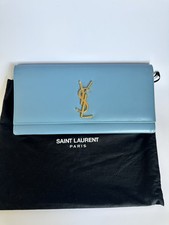 Saint Laurent YSL  Clutch Bag Blue Leather Gold Logo Authentic