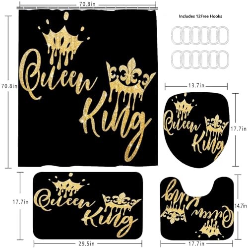 Queen und King Duschvorhang Set für Badezimmer 4-teilig schwarz Badezimmer schwarz gold - Bild 5 von 8
