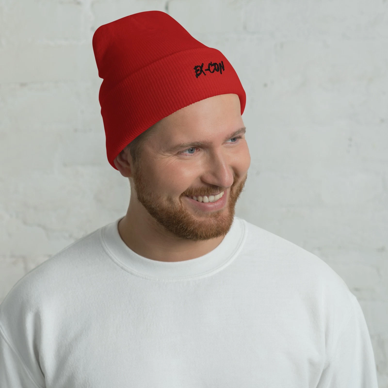 EX-CON Red Cuffed Beanie | Unisex Knit Beanie | Streetwear Winter Hat
