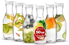 50 Oz. Plastic Carafe with Lids - Clear, 6 Count, White Flip Tab Lid Premium Qua