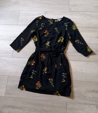 H&M Black Floral Textured Stretch Shift Dress 3/4 Sleeve Smart Keyhole Back UK12