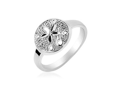 925 Sterling Silber Sand Dollar Ring Rhodium Strukturiert Strand Maritim Band Größe