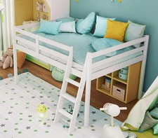 Junior Low Loft Bed W/ Stairs White Wood Loft Bed Full Size Adults Kids & Young