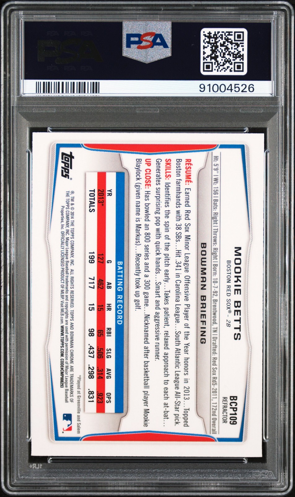 2014 BOWMAN PROSPECTS CHROME-BLUE WAVE REFRACTOR #BCP109 MOOKIE BETTS RC PSA 8 view 2