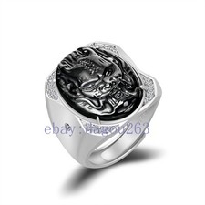 Certified natural A-grade black jadeite Dragon head 925 silver inlaid ring