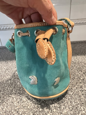 Mini Teal Drawstring Suede Bag Two Silver Eagle Heads