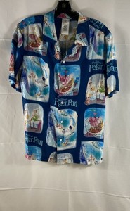 Disney Women's Peter Pan All Over Print Viscose Button Up Shirt Blue Sz S